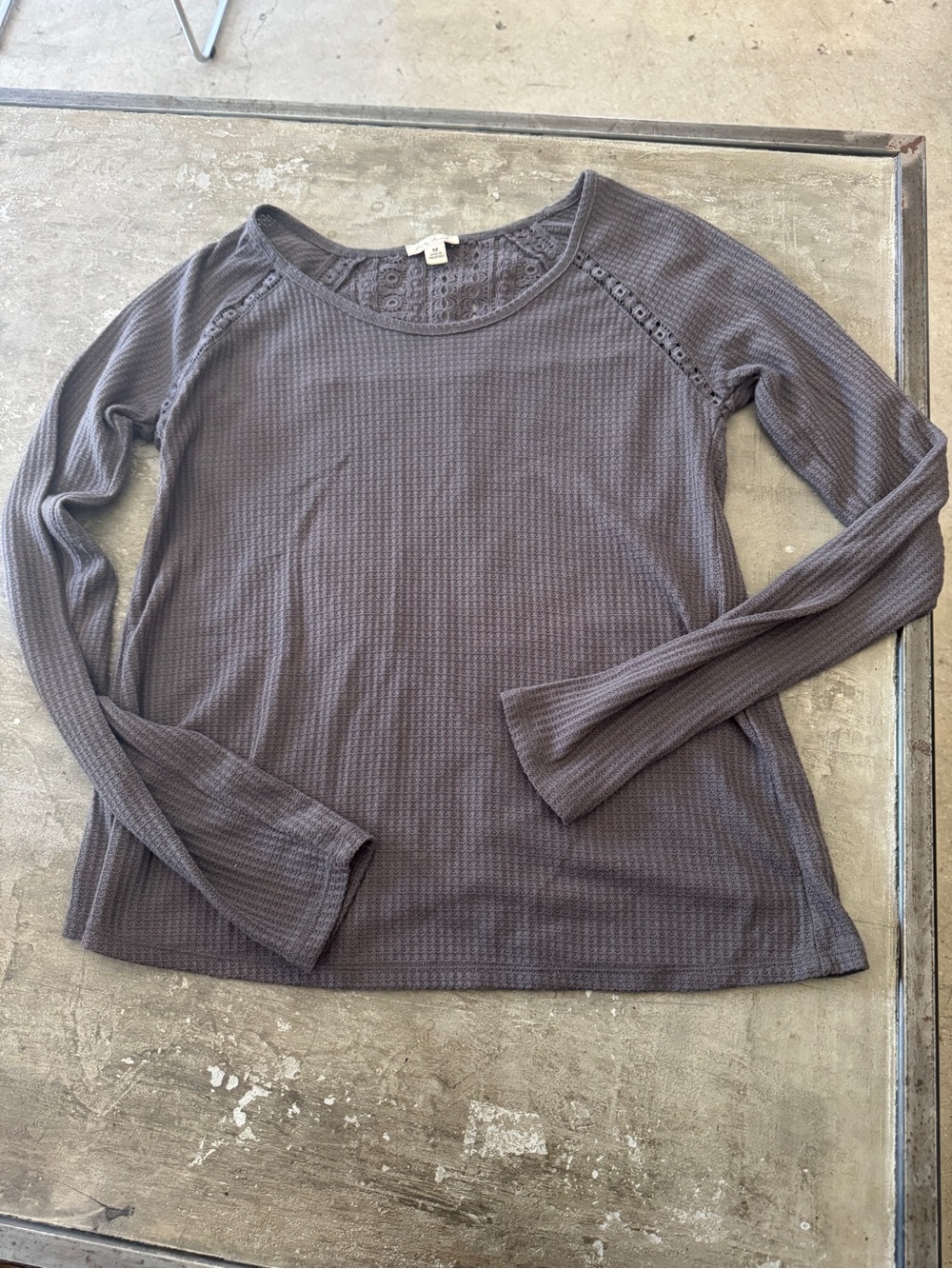 Lucky Brand Charcoal Gray Waffle-Knit Long Sleeve Tee with Eyelet Trim